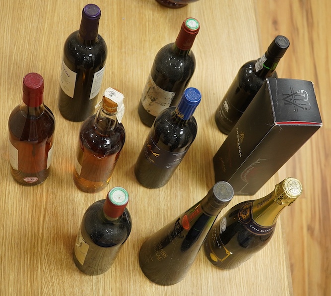 Ten bottles of wine, champagne, port and spirits to include Aberlour single highland malt whisky, Kressman Armagnac, Chateau LeCrock 1981, etc. Condition - storage conditions unknown